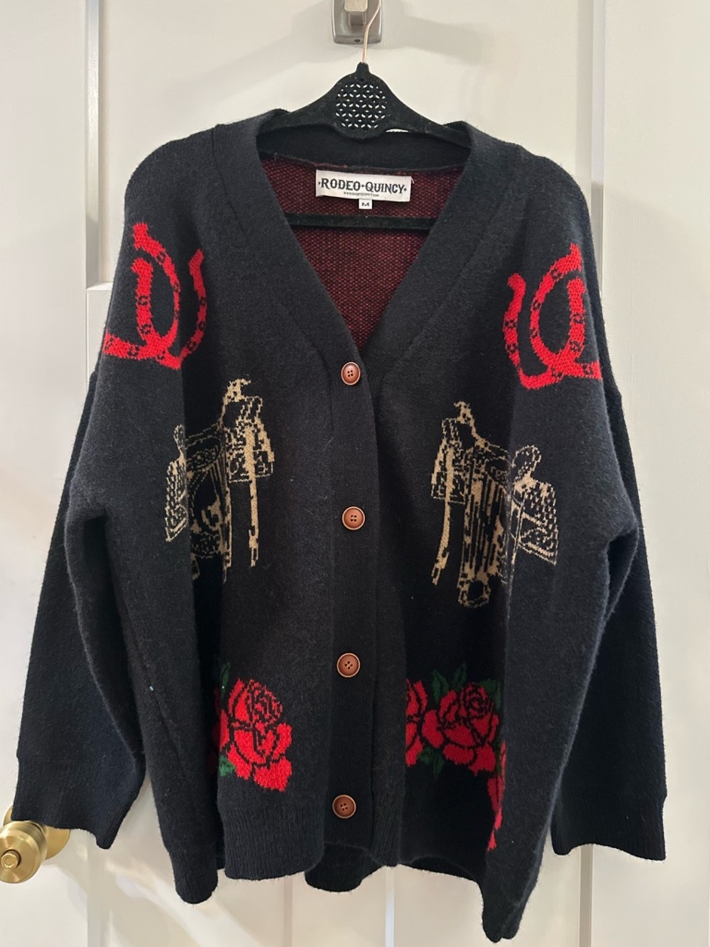 Rodeo Quincy Black Cardigan Sweater with Red Rose and western graphics